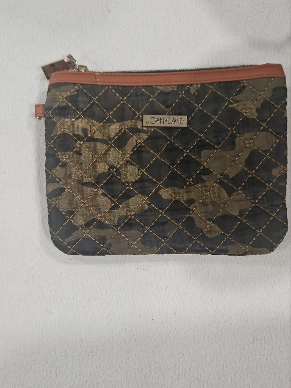 Joan & David Quilted Camo Wristlet Clutch in Olive, Black and Brown Trim